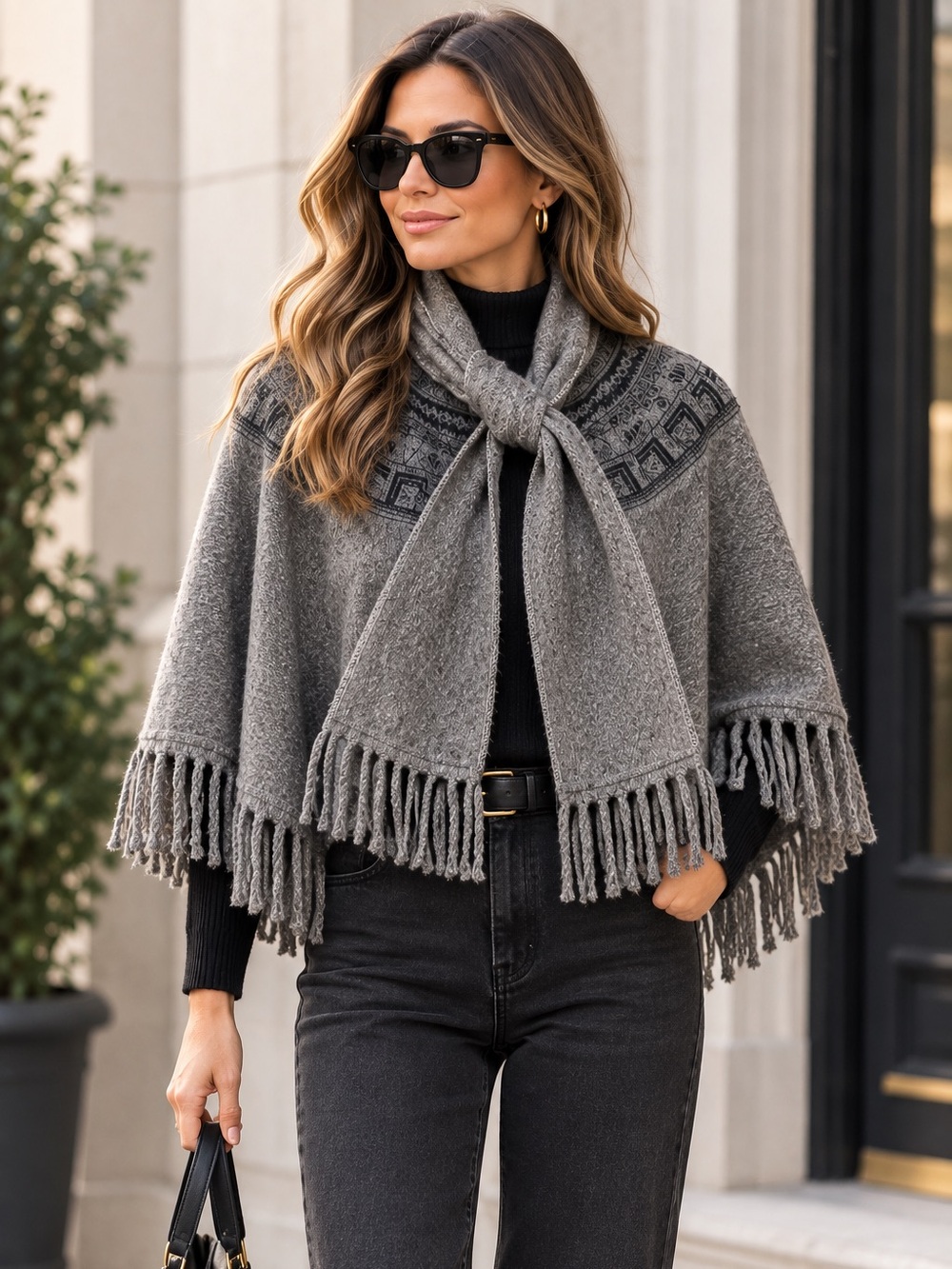 Grey Aztec Black Print Fringe Wool
Feel Cape with Tie Neck One Size